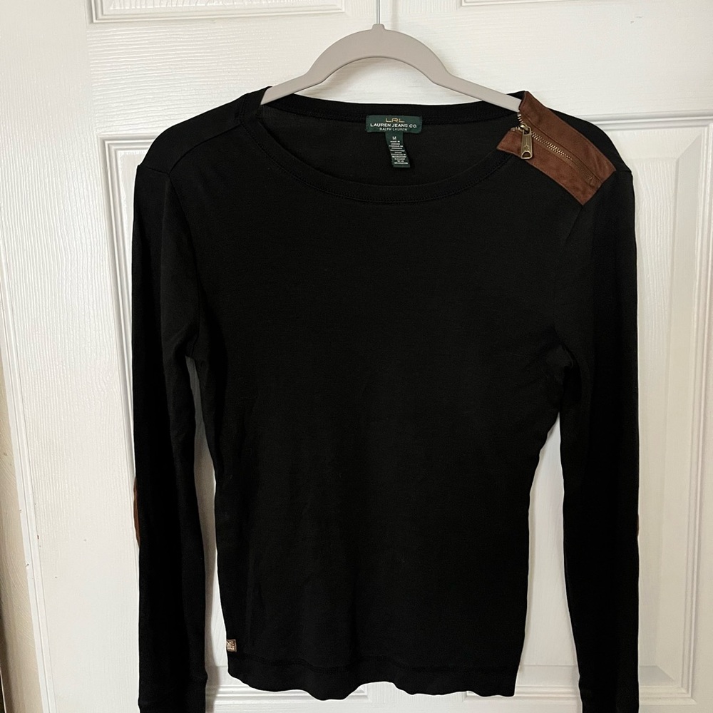 Ralph Lauren Black Long Sleeve Top with Brown Details